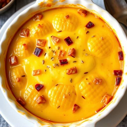 A baking dish filled with bobotie, topped with a golden-brown egg custard