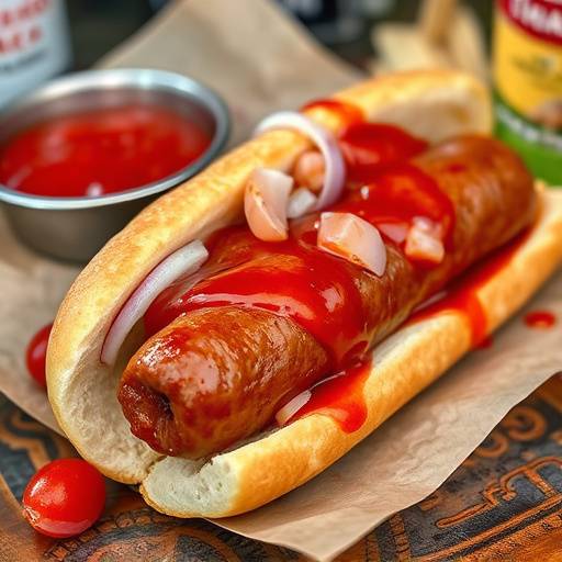 A boerewors roll with tomato sauce and onions, a classic South African street food.