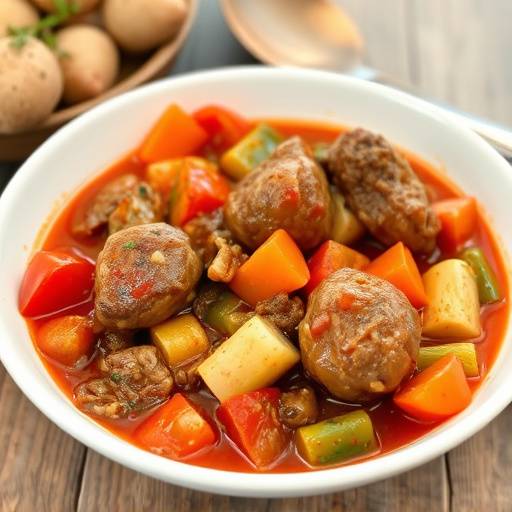 A bowl of hearty tomato bredie with tender pieces of lamb and vegetables