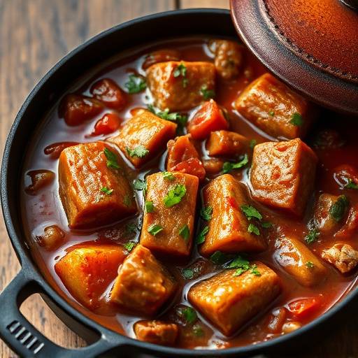 A cast-iron pot filled with a rich and flavorful potjiekos stew