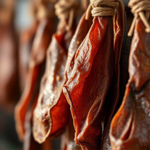 A close-up shot of various cuts of Biltong hanging and dried, showcasing different textures and spices