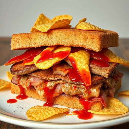 A fully loaded Gatsby sandwich, overflowing with chips, polony, and sauces