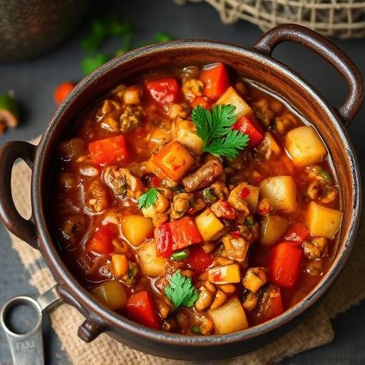 A pot of Chakalaka, a spicy vegetable relish often served with bread or pap.