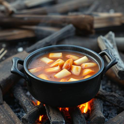 A potjie pot simmering over an open fire, representing South African cooking.