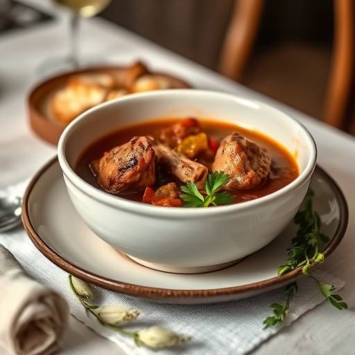 A table setting with Waterblommetjie Bredie, a lamb and water lily stew.