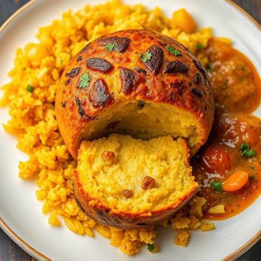 Bobotie, a traditional South African dish, served with yellow rice and chutney