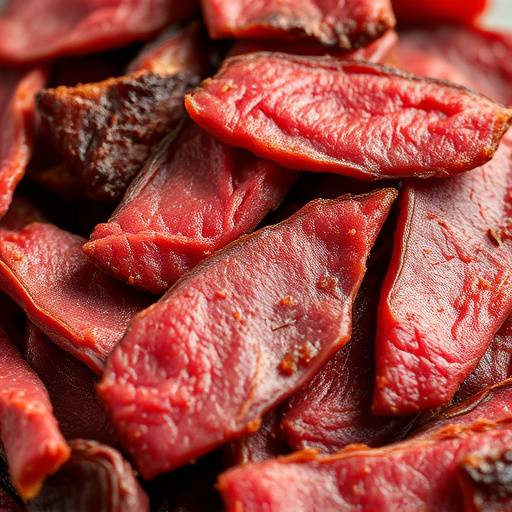 Slices of Biltong, a cured and dried meat snack popular in South Africa.